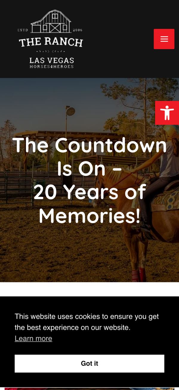 Horses4Heroes gala page on a phone showing a countdown headline and buttons