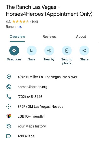 Google Maps listing: 4.3 stars, 144 reviews, category Ranch, address shown, no hours