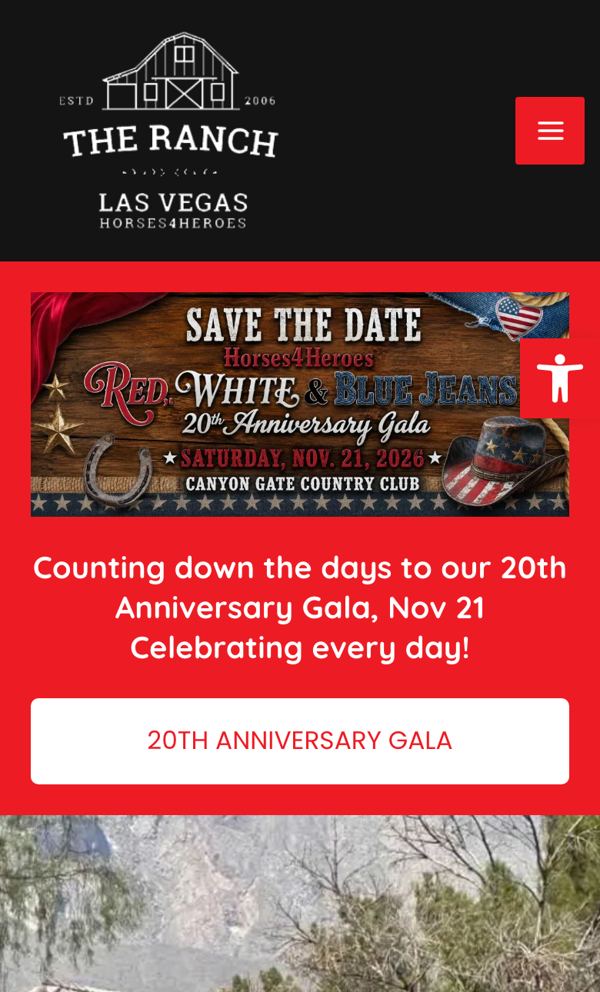 Horses4Heroes homepage on a phone: gala save-the-date banner, no address or phone visible
