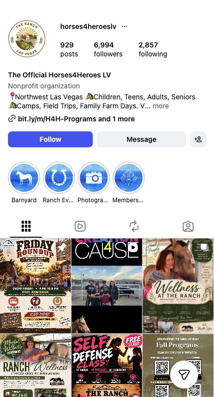 Instagram profile of horses4heroeslv: 6,994 followers, bio says Northwest Las Vegas, grid of flyers