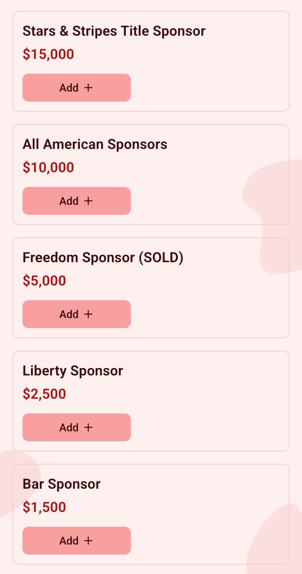 Zeffy gala sponsor tiers showing names and prices with no benefits