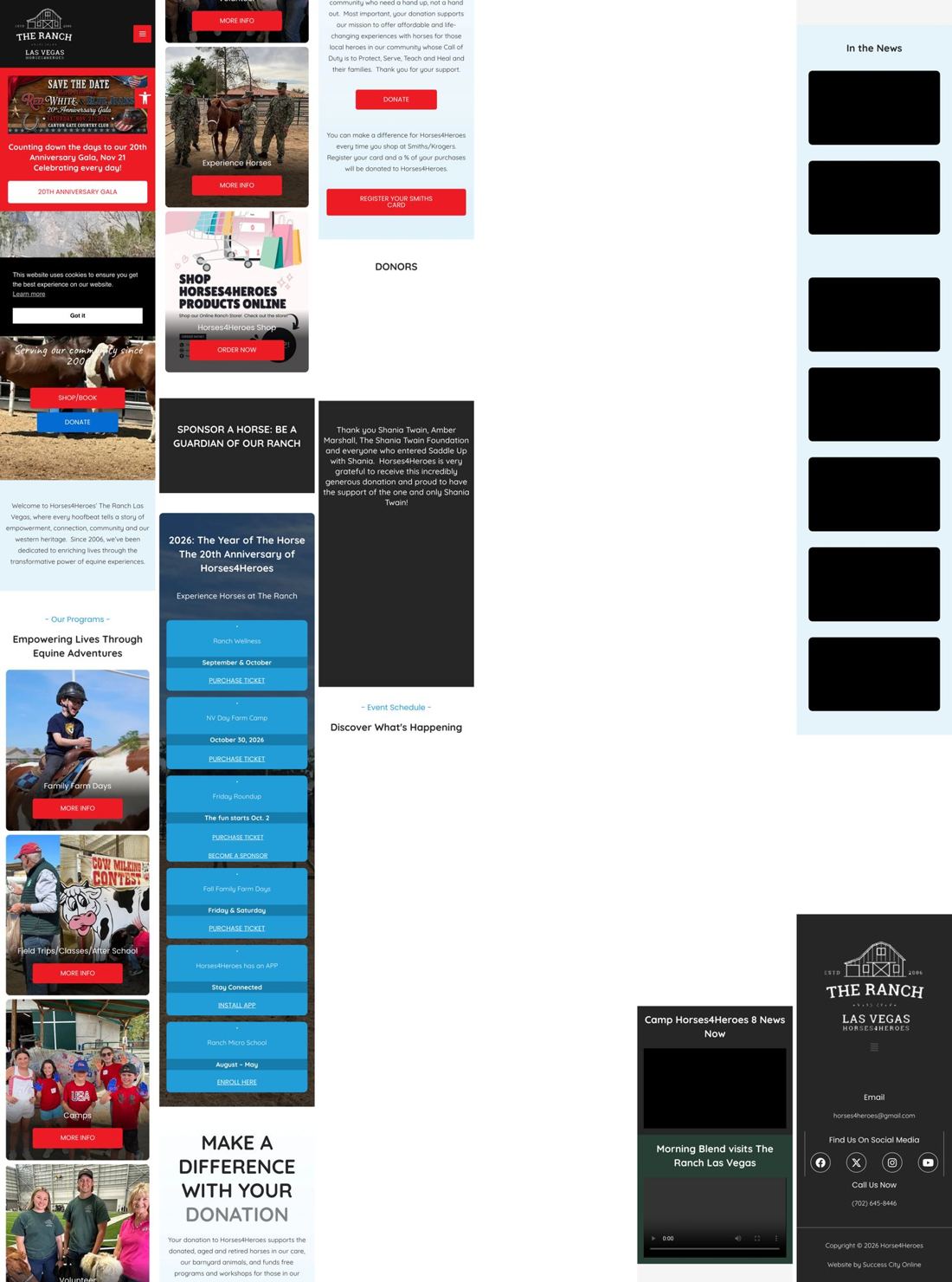 Full mobile homepage cut into six columns, showing long stacked sections and blank video boxes